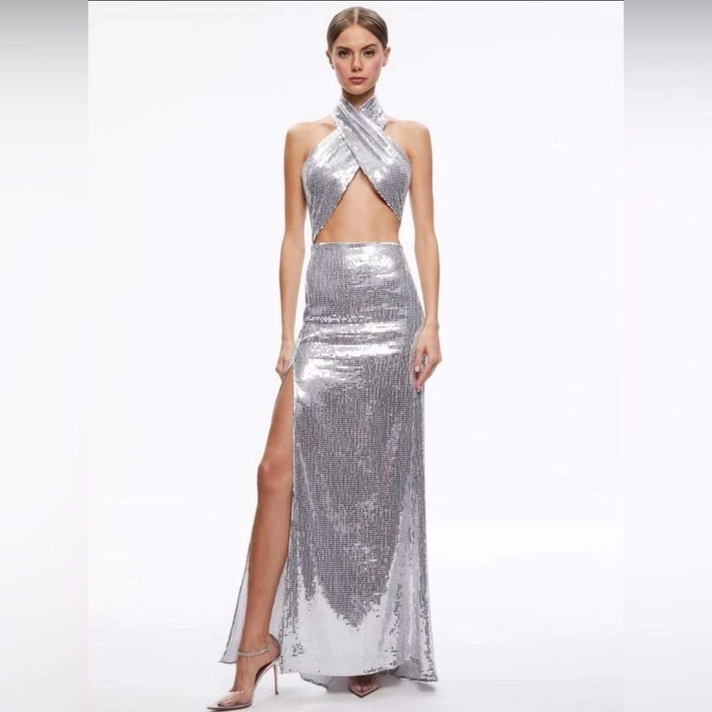 Alice + Olivia May Halter Neck Silver Sequin Maxi Gown